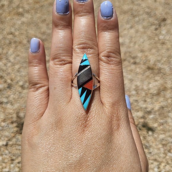 Zuni Multi Stones Diamond Shape Sterling Silver Native American Jewelry Sz 6.5US - Picture 5 of 13